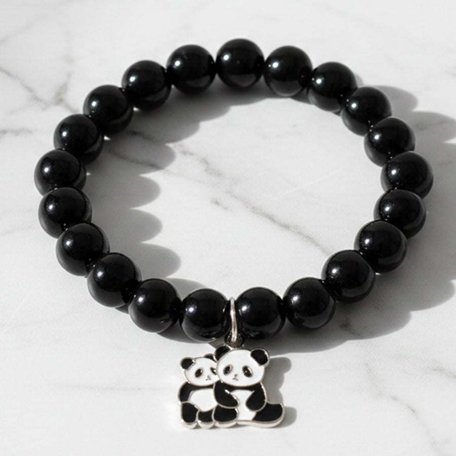 Premium Black Beaded Stretch Bracelet With Cute Panda Charm (1 Pc)