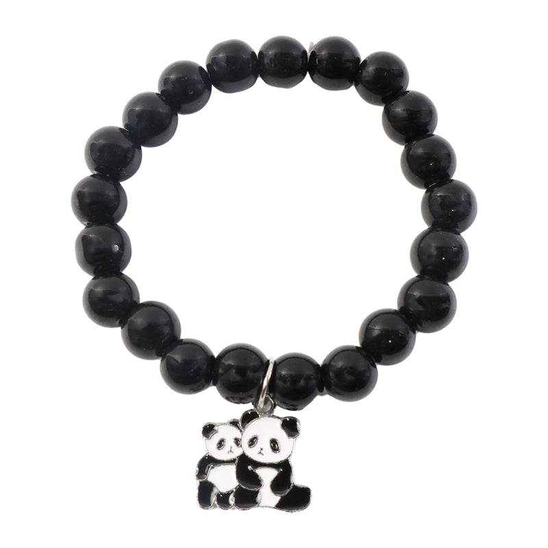 Premium Black Beaded Stretch Bracelet With Cute Panda Charm (1 Pc)